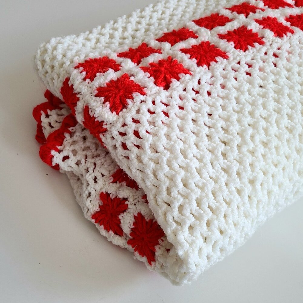 Bohemian decor white and red hand made crochet throw blanket Afghan sofa cover.
